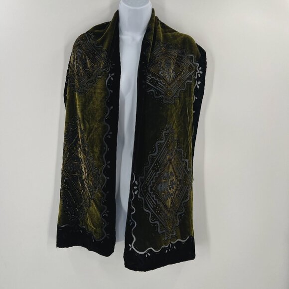 Black Green Velvet Burnout Shawl Devore Beaded Scarf Goth Boho Evening Wrap - Picture 1 of 8